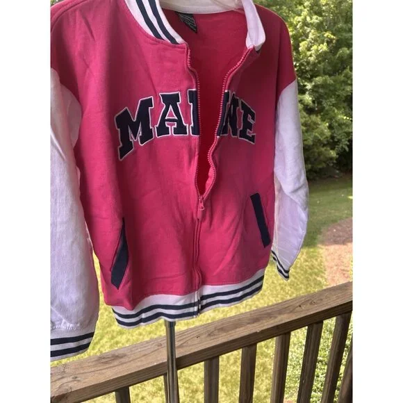 Women Girls Maine Spell Out Varsity Bomber Jacket Barbiecore Full Zip M 44”Chest - Picture 1 of 16